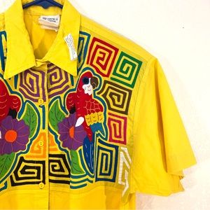 Vintage Parrot Appliqué Button Up Shirt - Yellow - Medium -My Name is Panama